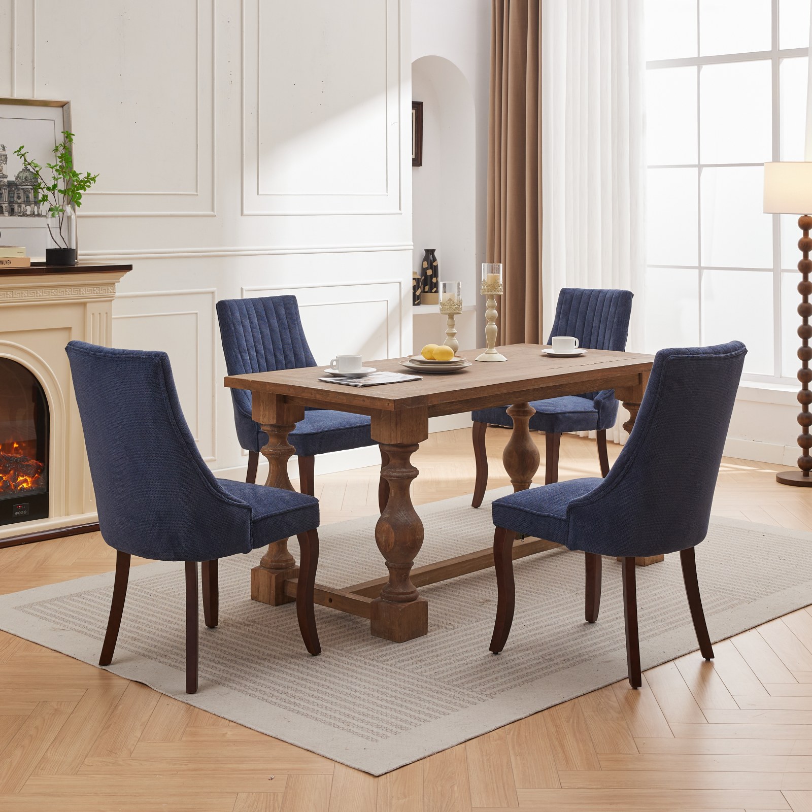 Aukfa Modern Linen Dining Chairs Set of 2, Upholstered Kitchen Side Chair Accent Chair w/ Curved Solid Wood Legs,Blue