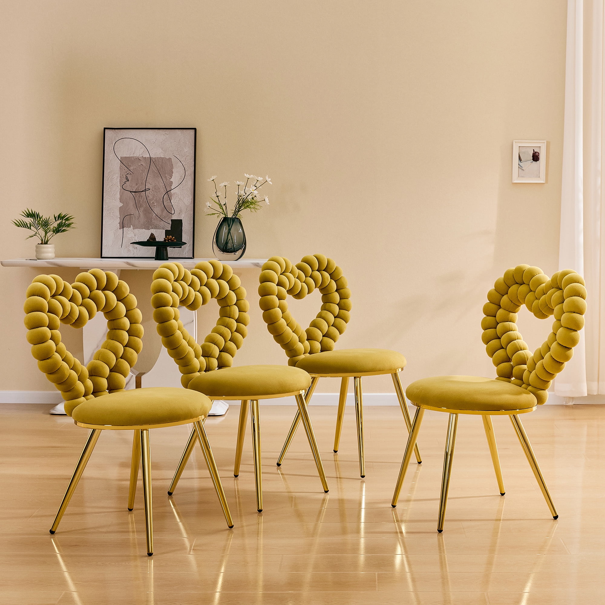 Leumius Set of 2 Unique Heart Bubble Tufted Accent Chair, Plush Velvet Chair with Shiny Gold Metal Frame, Cute & Modern Seating for Home Decor Yellow