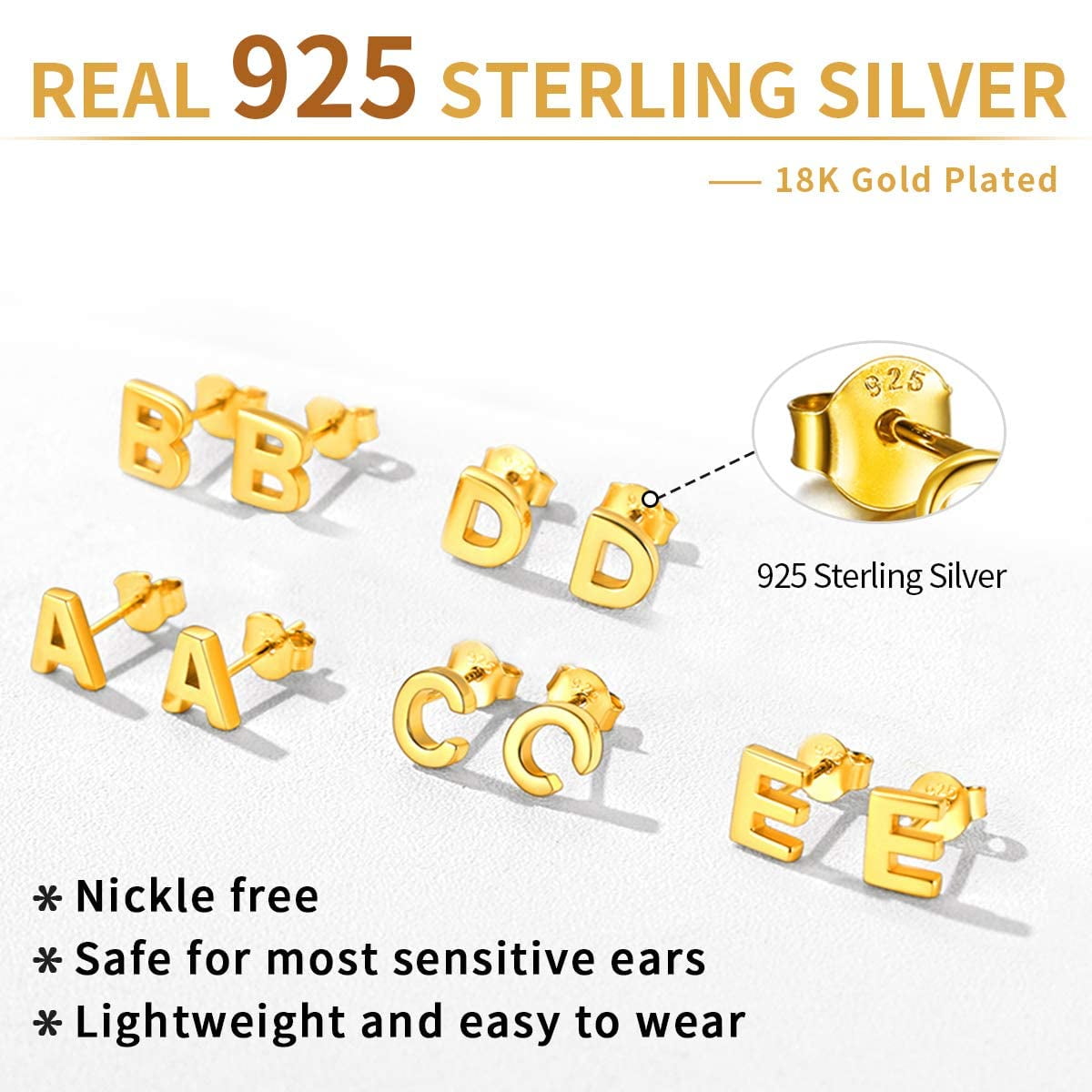 ChicSilver S925 Sterling Silver A-Z Initial Letter Stud Ear Earrings Gift for Women Name Earrings Golden Alphabet Stud Earrings Jewelry