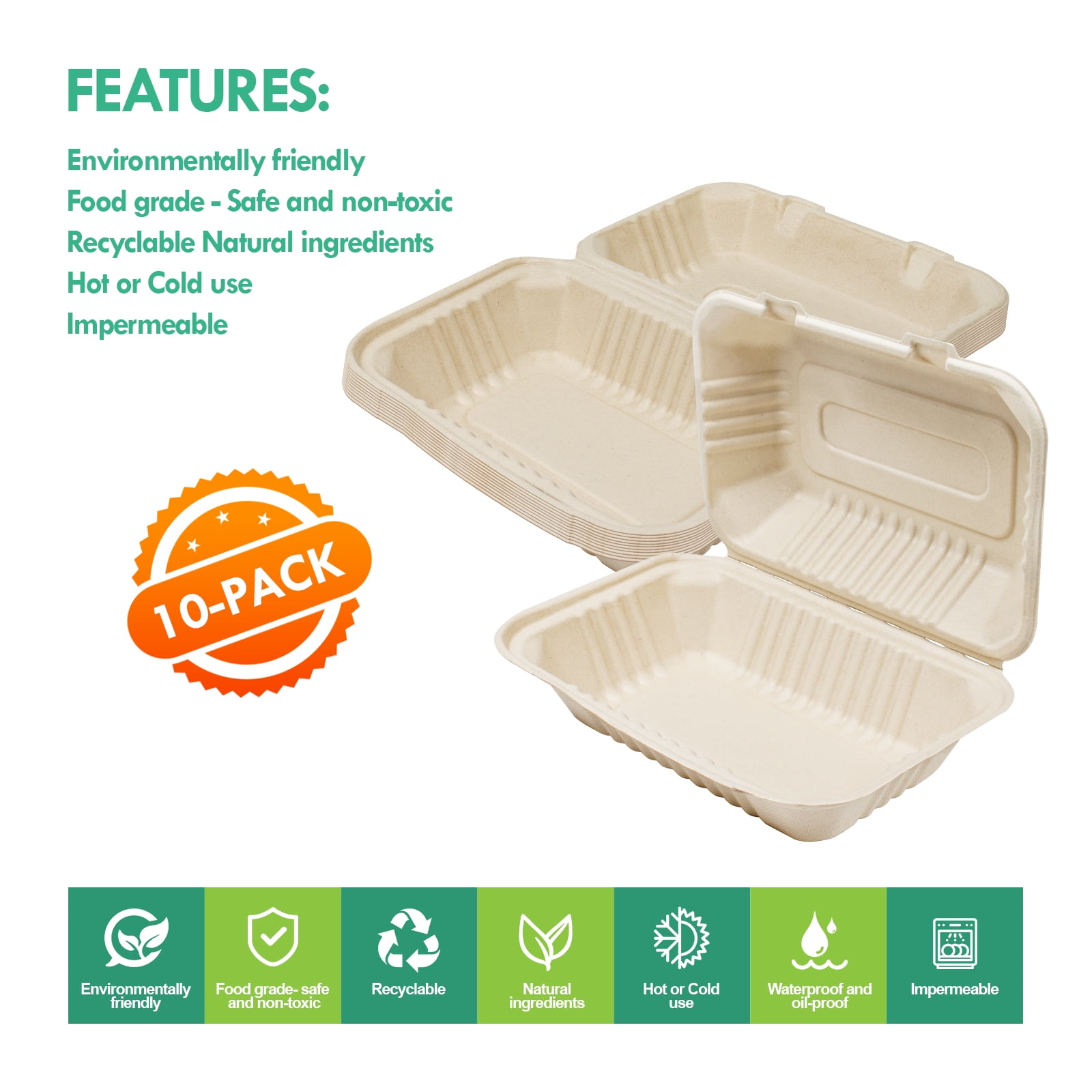 I00000 100-Pack 100% Compostable Food Containers, Disposable Togo Clamshell  Containers with lid, Biodegradable Microwave Safe Take Out Lunch Boxes