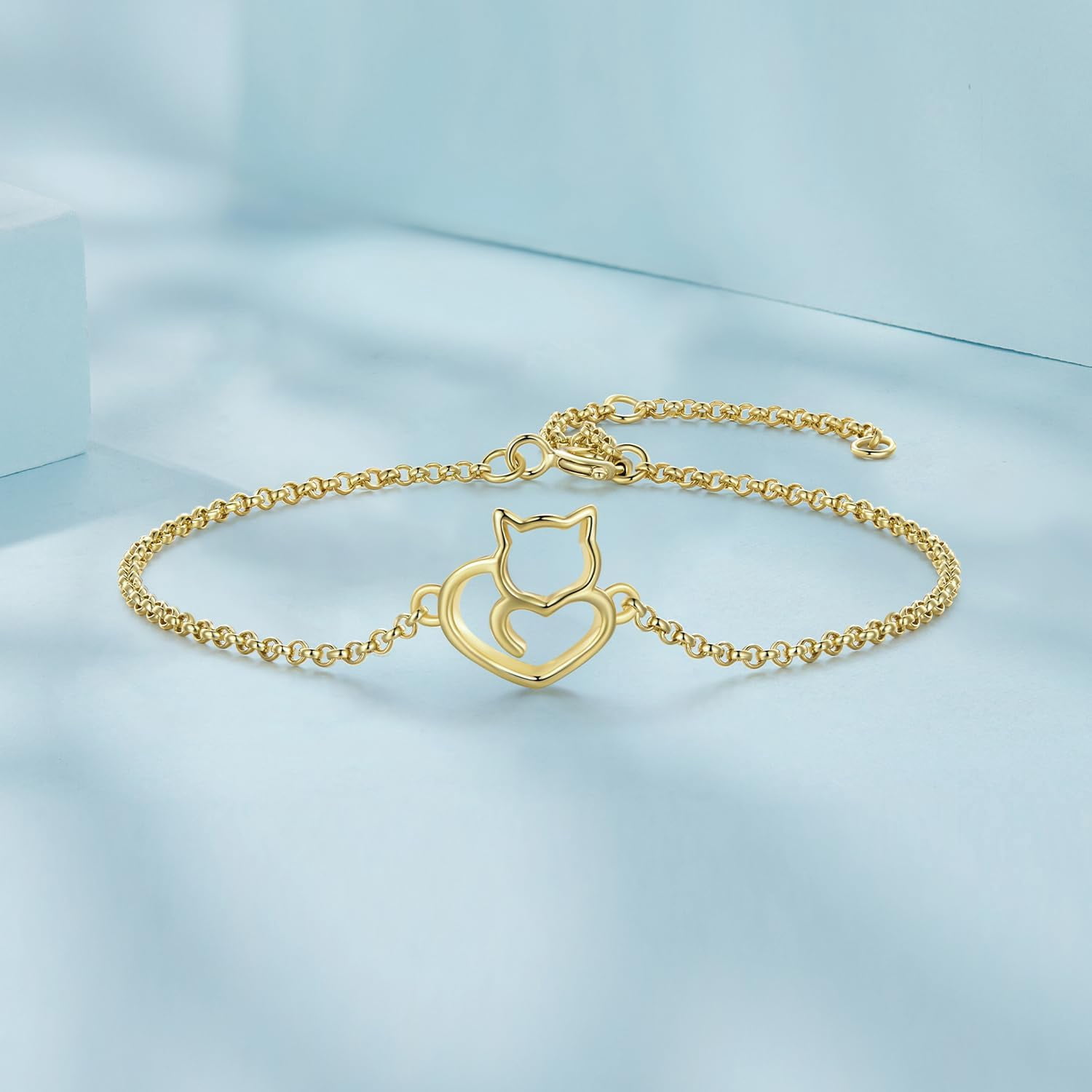 925 Sterling Silver Chain Bracelet with Cat Love Heart Charm Adjustable Plated Gold Bracelets with Chain Length 6.5in-7.9in, Best Jewelry Gift for Girls Women Cat Lovers