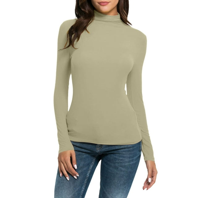 Baberdicy Hauts pour Femmes Décontractés à Manches Longues Col Montant Blouse Ajustée Extensible T-Shirts Grande Taille pour Femmes Kaki