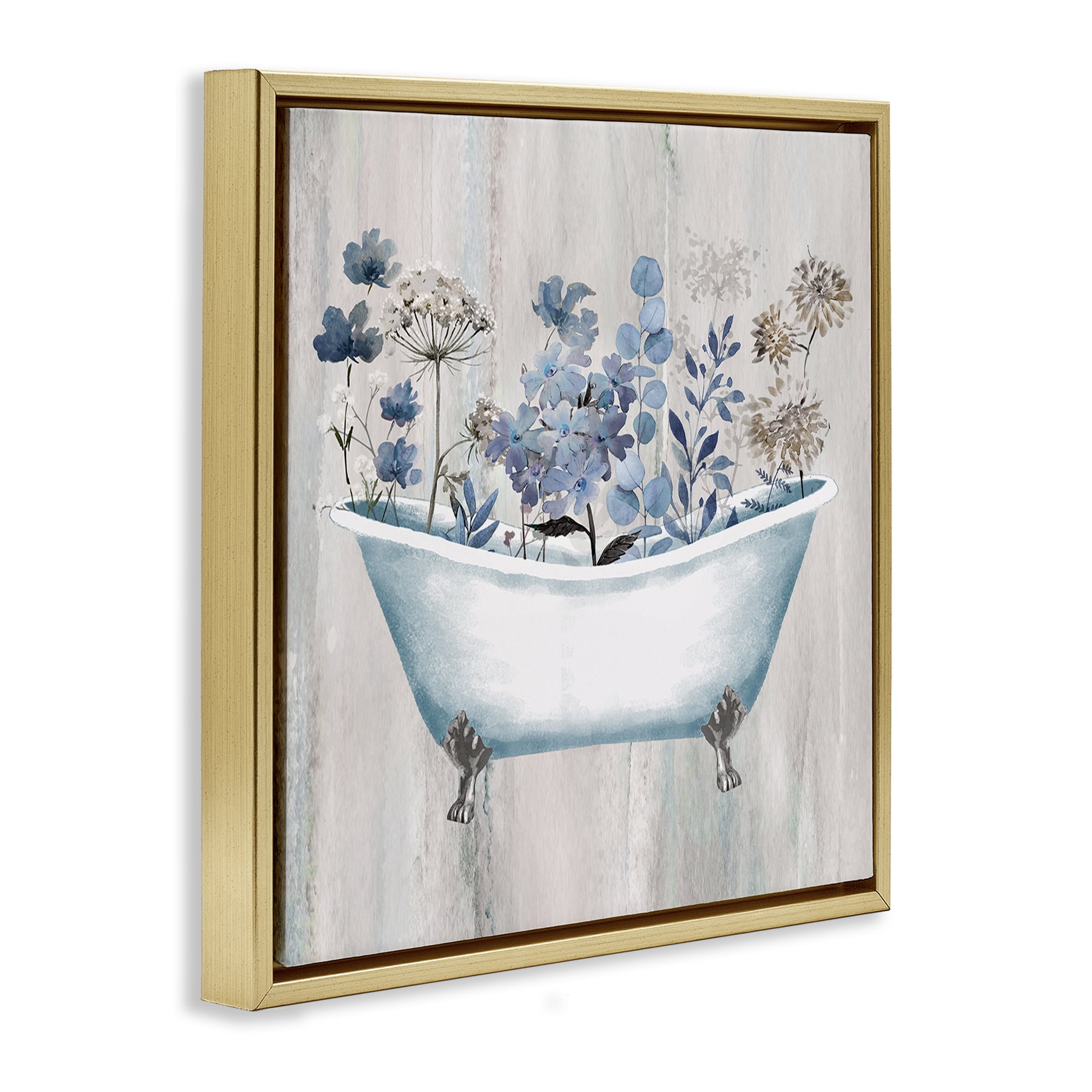 Stupell Industries Rustic Blue Floral Tub Bath & Laundry Painting Gold Floater Framed Canvas Art Print Wall Art, 25 x 25