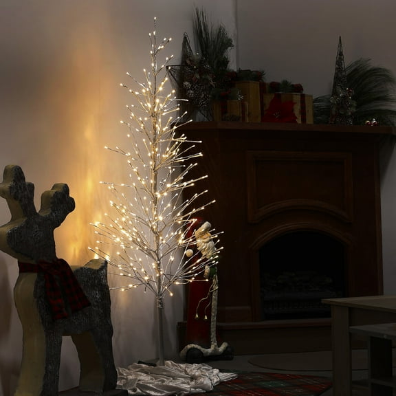 Alpine Corporation 28" x 65" Pre-Lit Silver Foil Christmas Tree with Base and Yard Stake