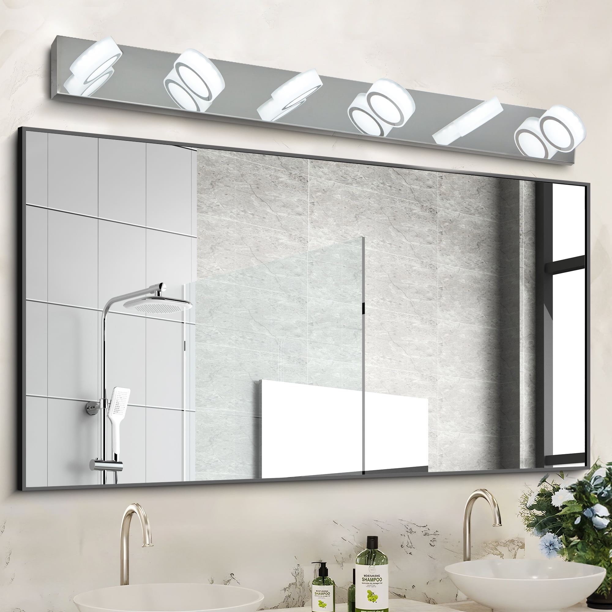 6 Light Modern Rotating Oval Lampshade 44.9in Metal Vanity Light Fixtures Dimmable for Bathroom Lighting Over Mirror Chrome