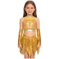 thumbnail image 3 of SiiRoh Kids Girls Shiny Sequins Crop Top with Metallic Skirt with Gloves Cheer Uniform Jazz Latin Dance Outfits Gold 14, 3 of 6