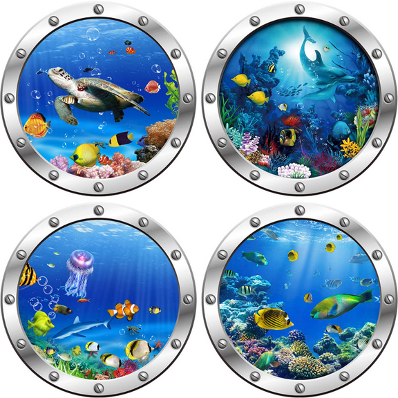 4 PCS Ocean World Wall Window Stickers, 12 Inches Porthole 3D Sea Turtle, Shark, Dolphin Window Sticker Sea Life Wall Window Décor