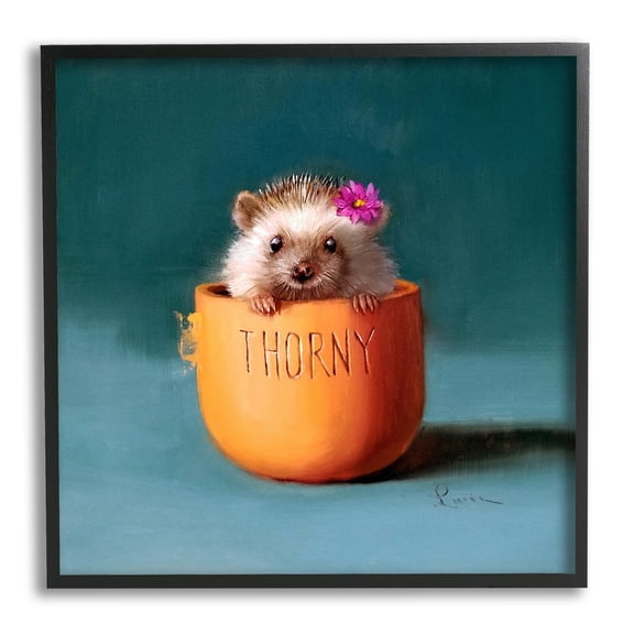 Stupell Industries Thorny Hedgehog Peeking Pink Daisy Flower Accent Painting Black Framed Art Print Wall Art, Design by Lucia Heffernan