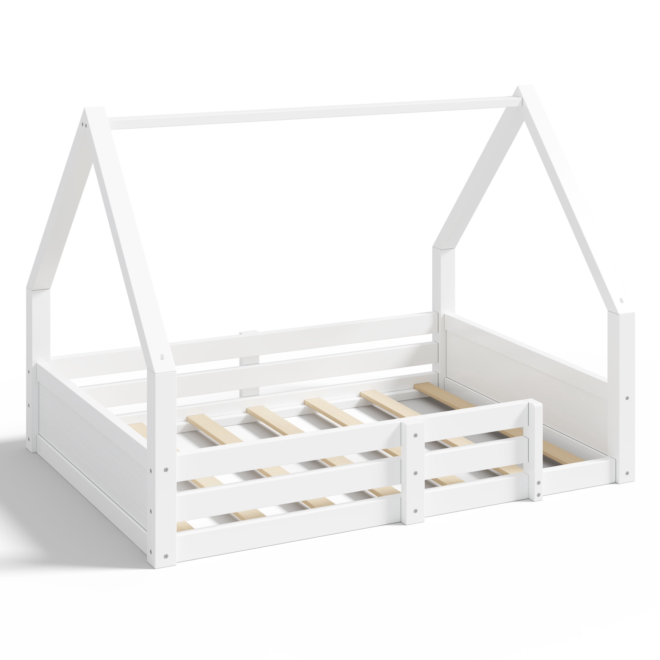 Noble House Salma Full Size House Floor Wooden Bed with Roof Frame & Grooved Panels, Safety Guardrails, White