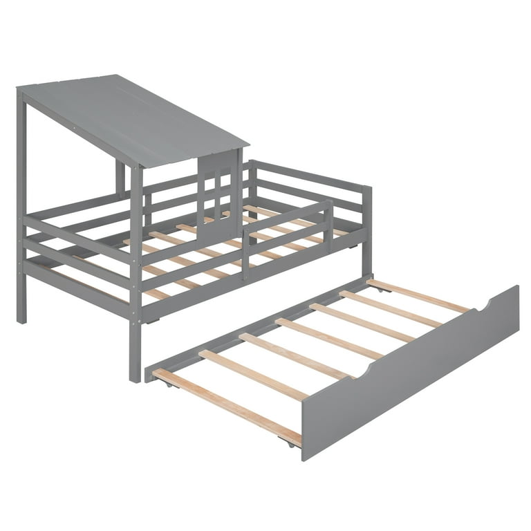 Euroco Wood Twin Size House Platform Bed with Roof and Trundle