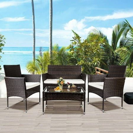 4 Pieces Rattan Chair Wicker Set Outdoor Patio Furniture Sets