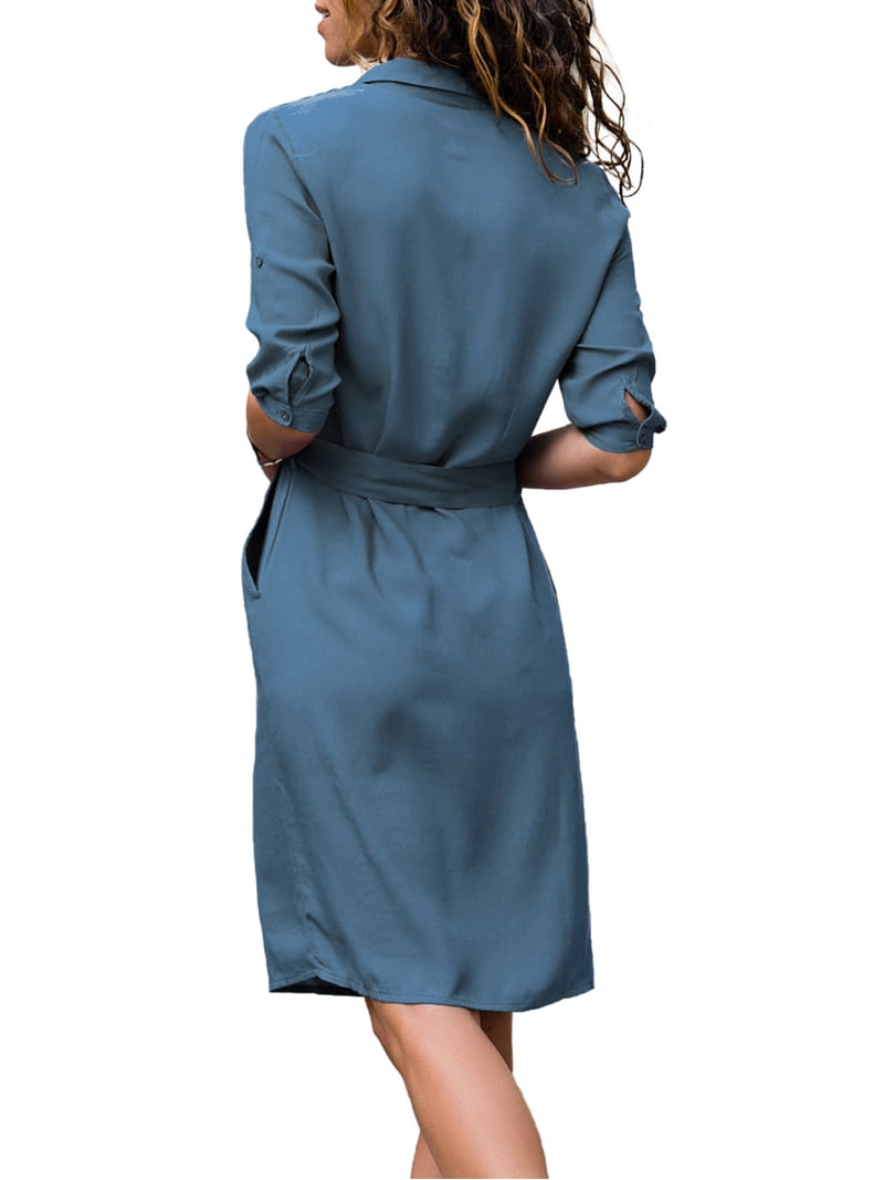 Frontwalk Ladies Knee Length Dresses Lapel Collar Midi Dress 3/4 Sleeve  Office Basic Button Down Light Blue M - Walmart.com