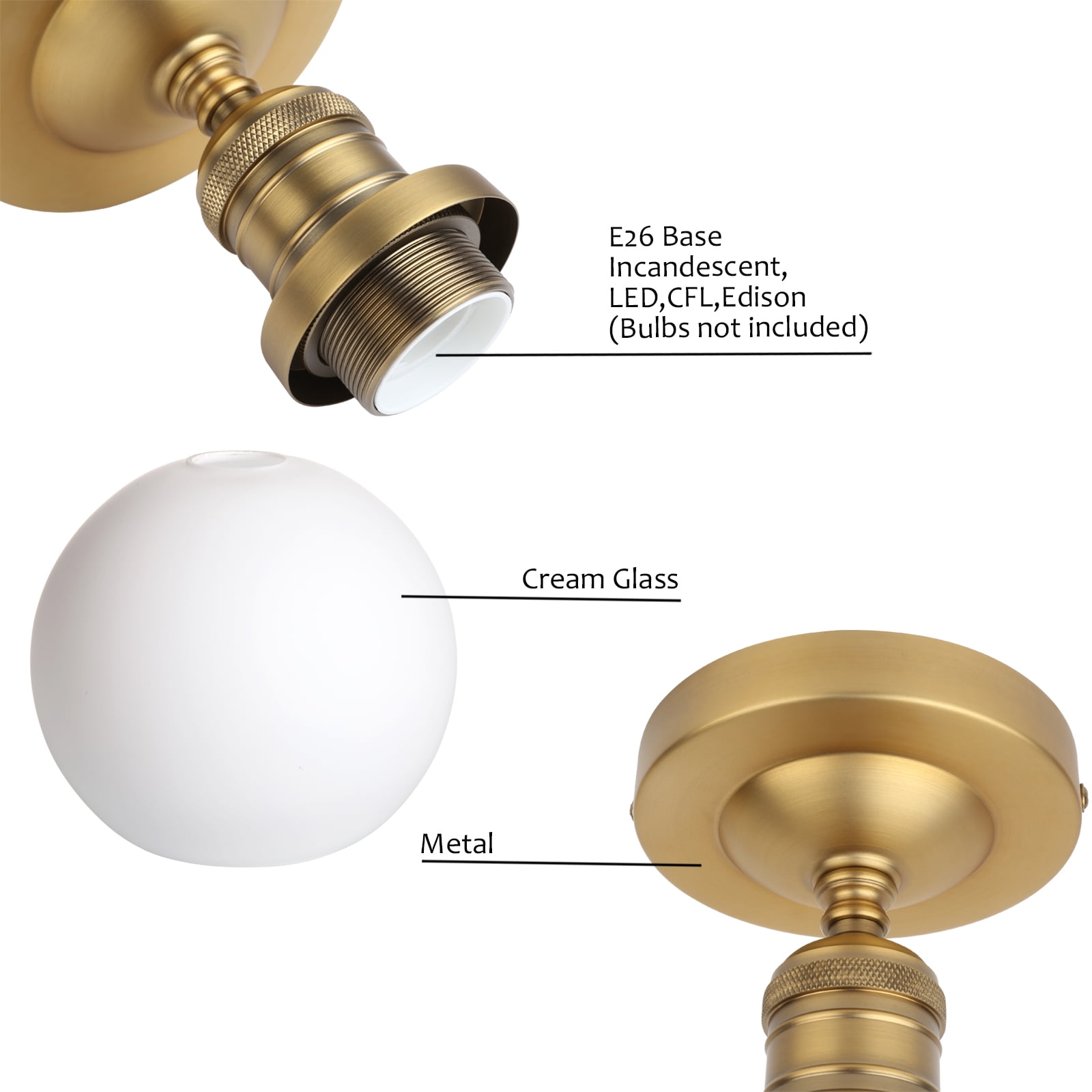 1-Light Ceiling Light, Industrial Globe Cream Glass Shade Close to Ceiling Light for Kitchen Island