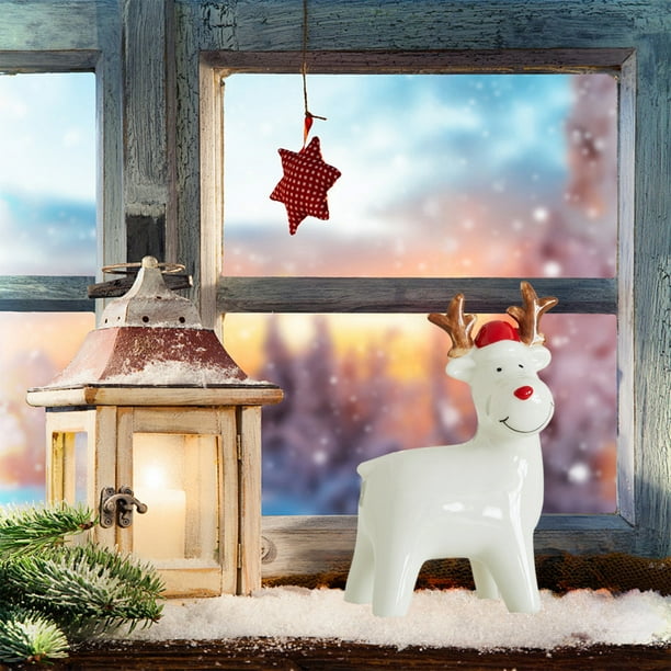 Adorno Navideño Luminoso de Cerámica para Navidad 2025: Ciervo, Muñeco de Nieve y Anciano | Cerámica Blanca | 14,5 X 8,5 X 6 Cm | 1 Unidad
