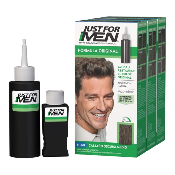 Just For Men Shampoo para Canas, Formula Original, Castaño Oscuro Medio H40, Aplicación Rápida Hasta 5 Minutos, 3 pack 66ml