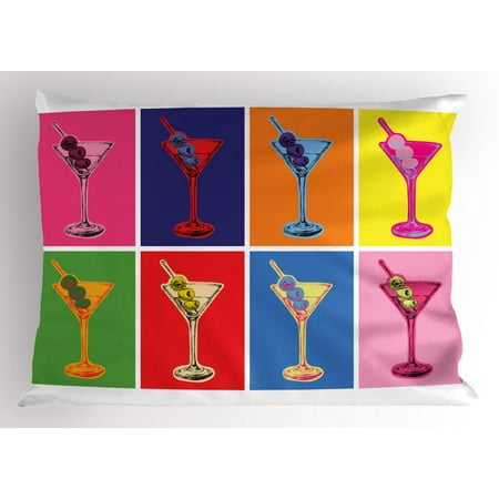 Alcohol Pillow Sham, Colorful Pop Art Style Martini Glasses Olives Design with Vibrant Contrast Colors, Decorative Standard Queen Size Printed Pillowcase, 30 X 20 Inches, Multicolor, by Ambesonne