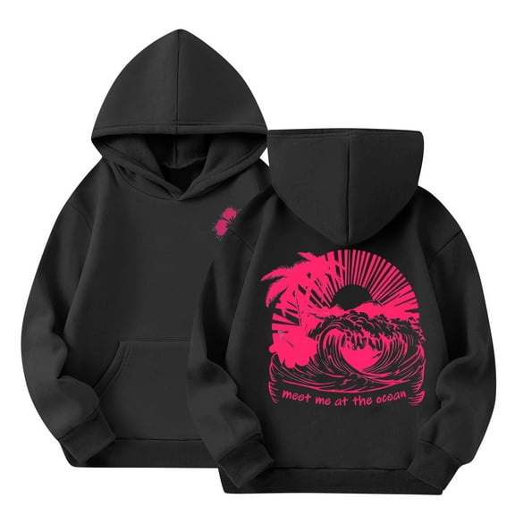 Abcomgle Girls Hoodies Size 14-16 Long Sleeve Flower Print Sweatshirts for Girls Crewneck Y2k Top Fall Casual Preppy Sweaters for Girls with Pocket,9-10 Years,Black