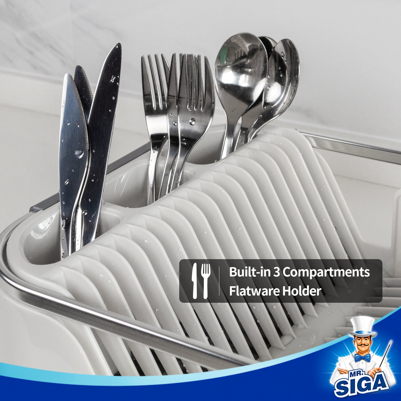 MR.Siga Dish Drying Rack for Kitchen Counter, Compact Dish Drainer with Drainboard, White