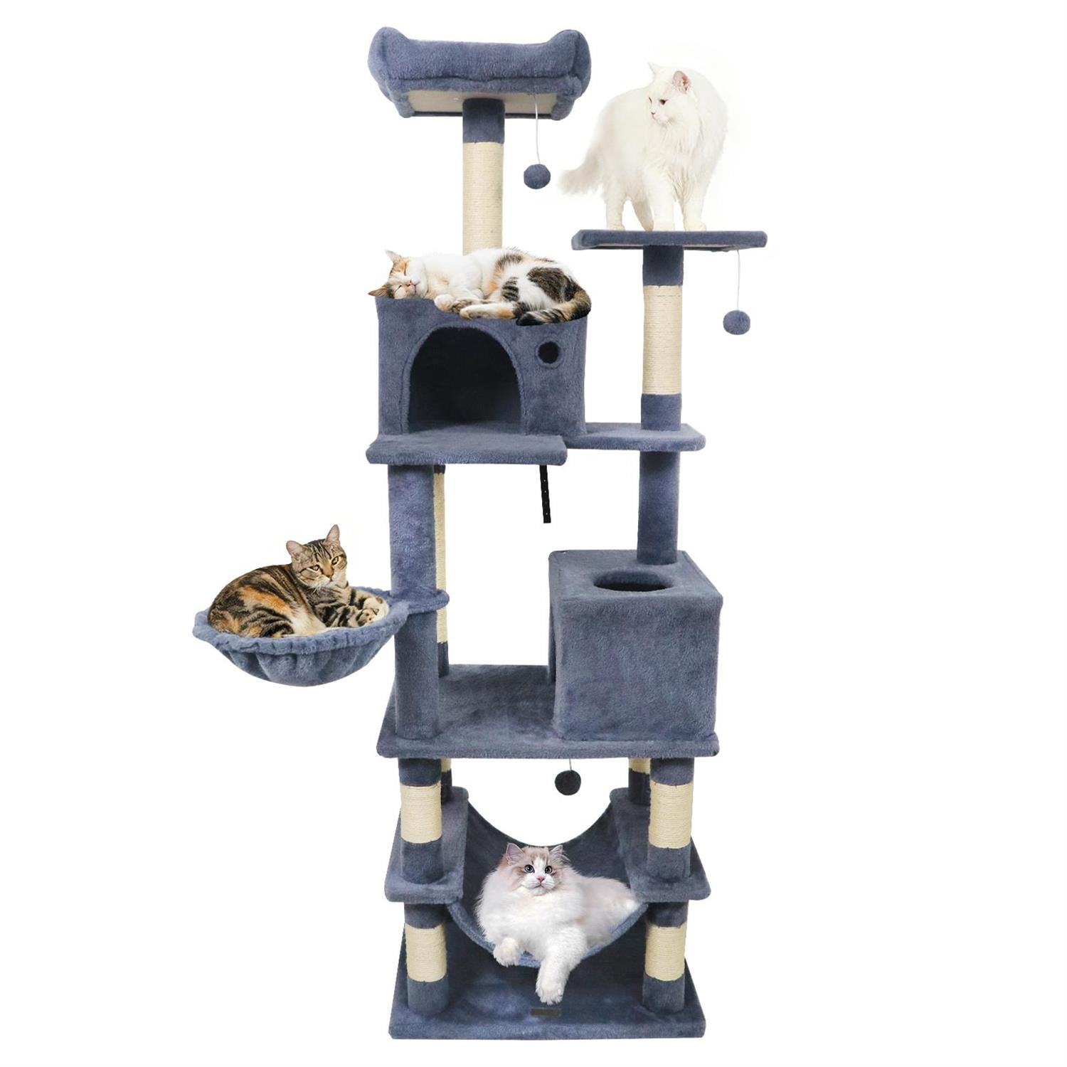 Pefilos 66" Tall Multi-Level Cat Tree, 2 Condos & Sisal Scratching Posts, Hammock & Dangling Balls, Dark Gray