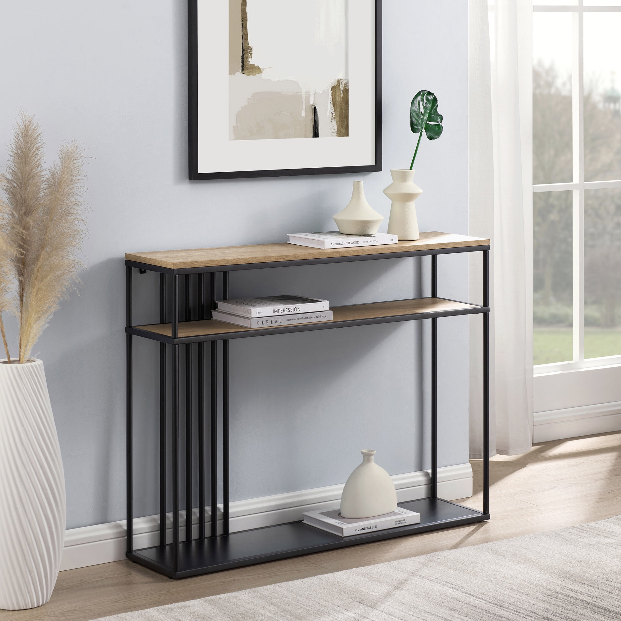 Manor Park Minimalist 41" Slatted-Side Metal Console Table, Coastal Oak ...