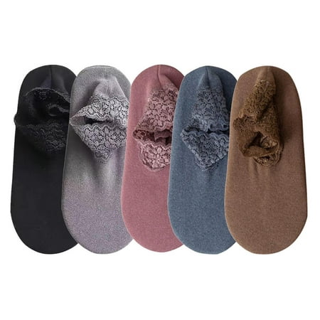 

5 Pairs Women s Ankle Socks Winter Lace Frilly Non-Slip Crew Socks Low Cut Warm Ankle Boot Socks for Ladies