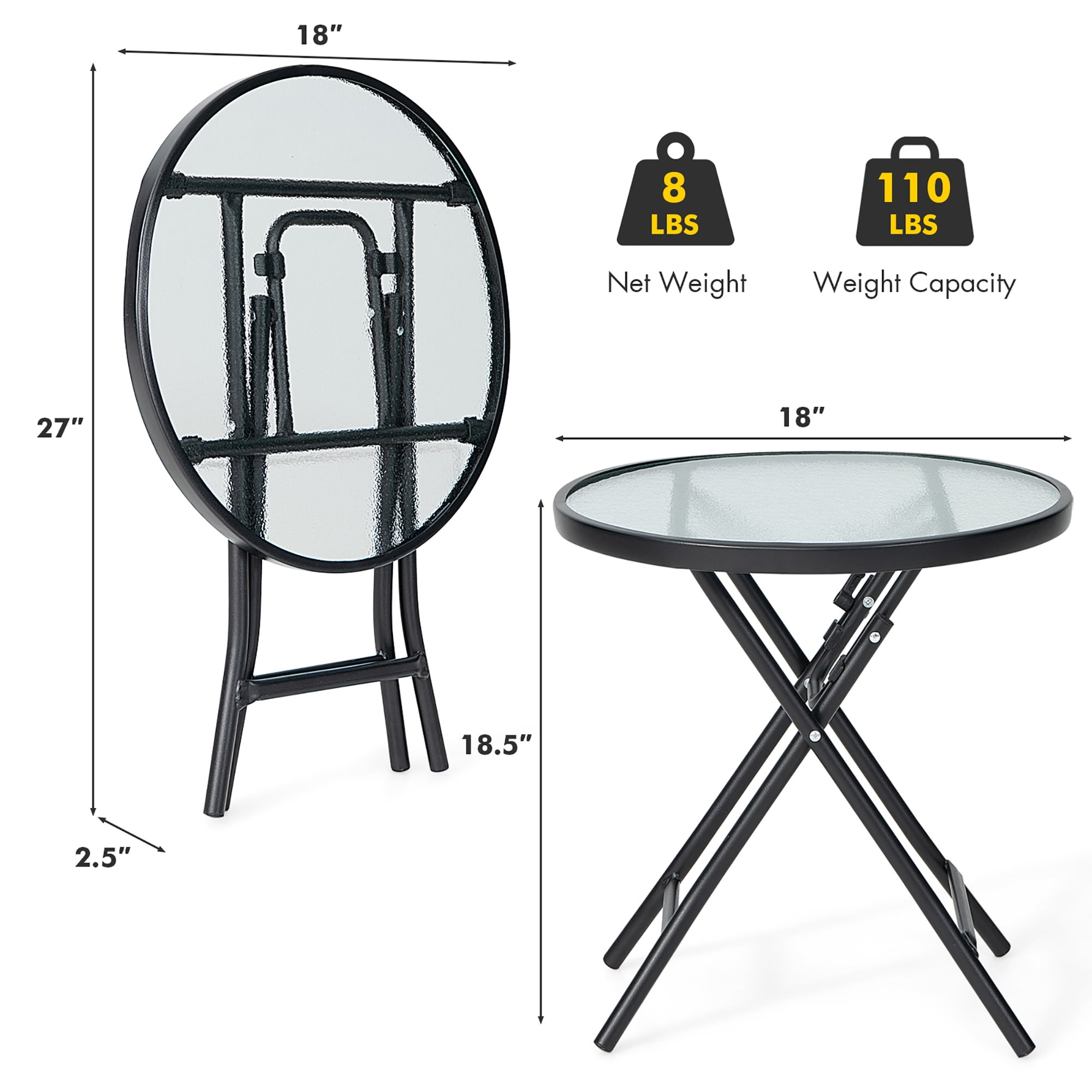 Gymax 18'' Patio Side Table Outdoor Folding Coffee Table w/ Tempered Glass Table Top