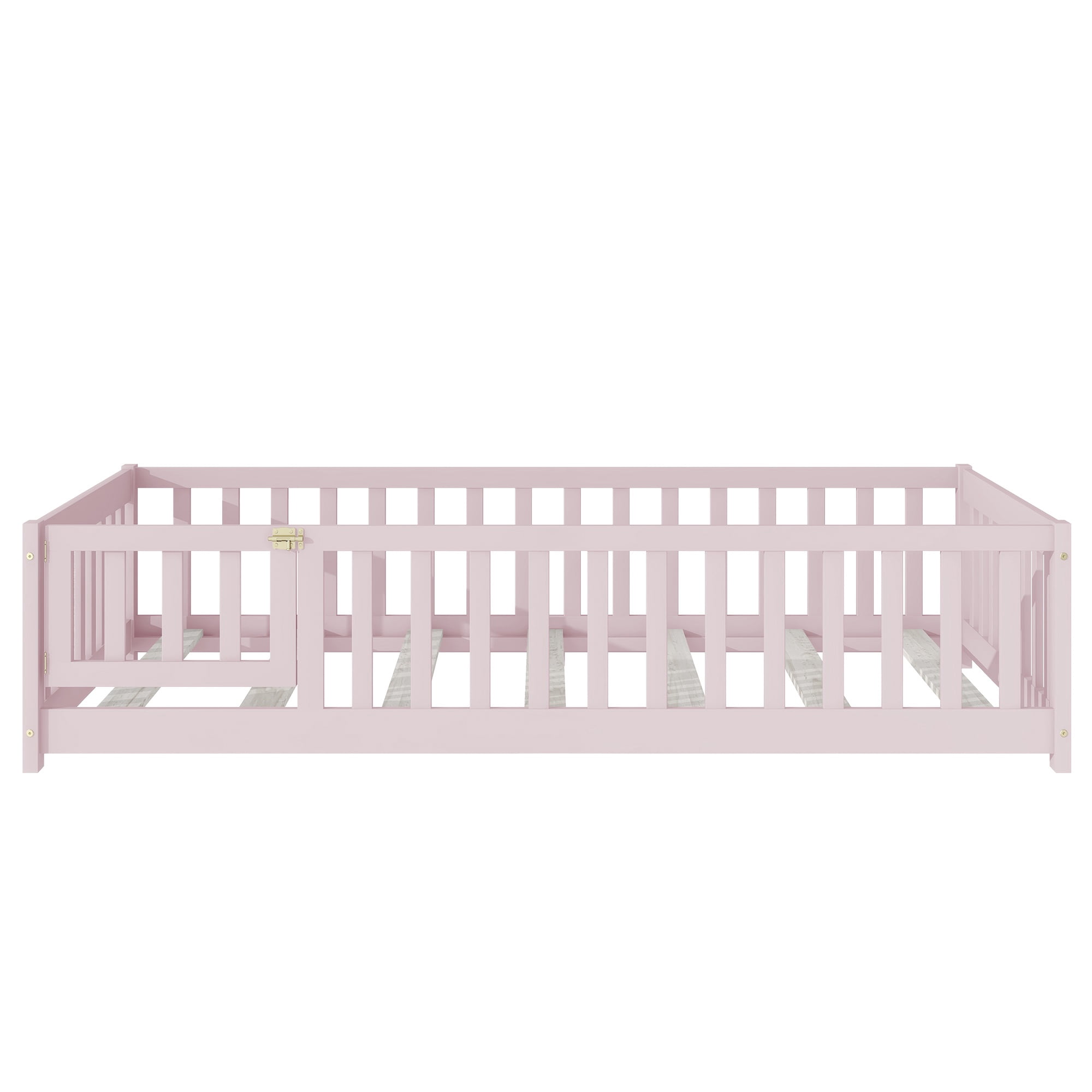 Sesslife Twin Size Floor Bed with Door and Fence, Wood Floor Platform Bed with Slats, Floor Bed for Boys Girls, No Box Spring Needed, Pink