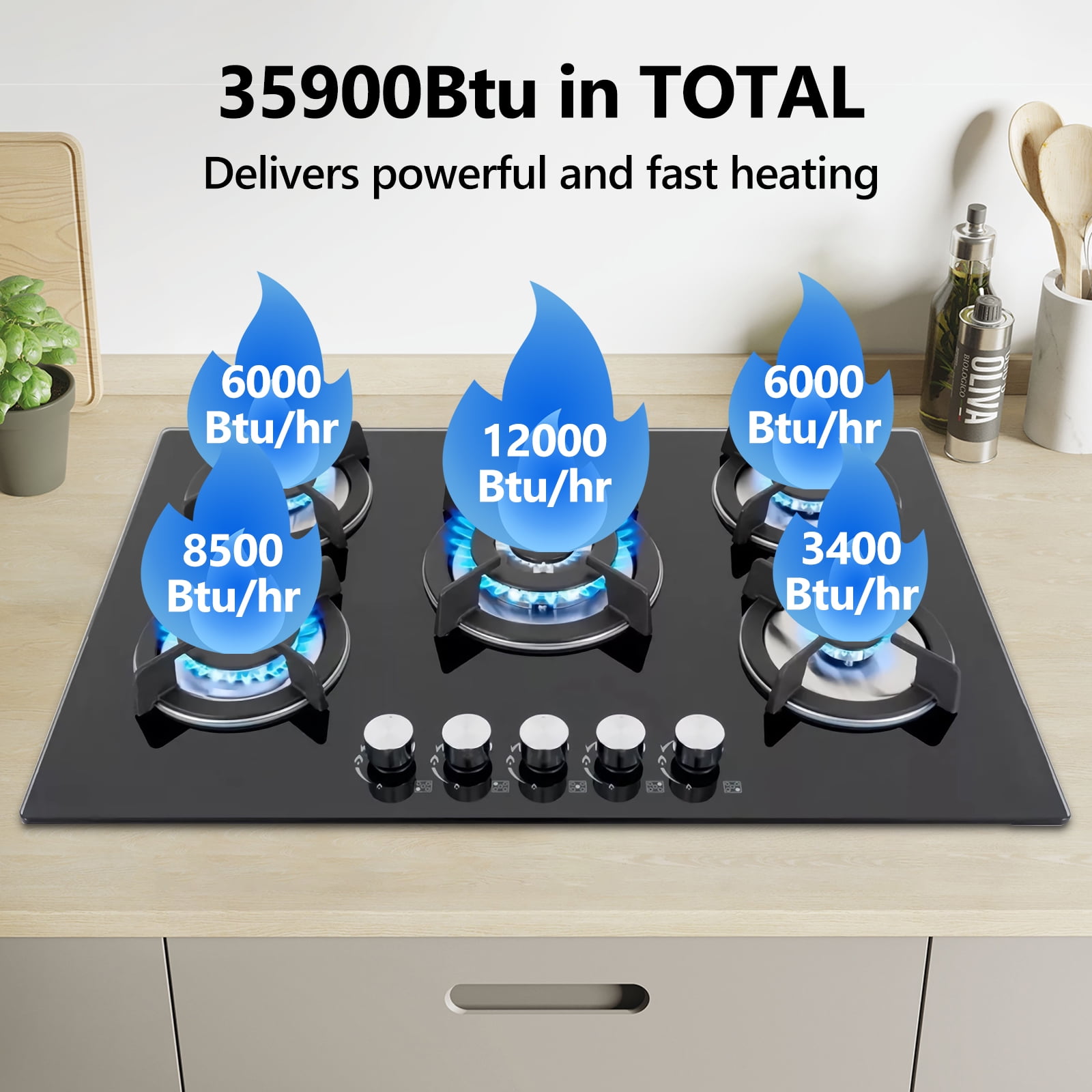 Nardea 30" Built in Gas Cooktop, 5 Burner Gas Cooktop for NG/LPG Dual Fuel Convertible, Propane Gas Stove Burner with Thermocouple Protection,Black Tempered Glass, 35900BTU