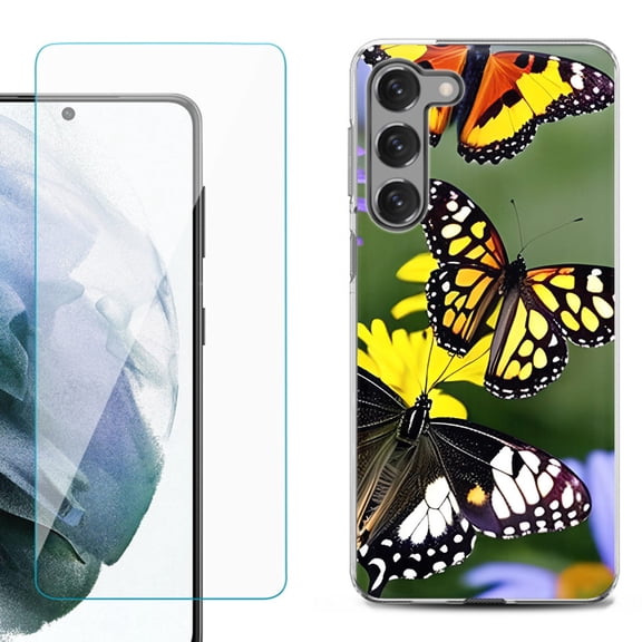 Shockproof Pone Case Cover for Samsung Galaxy S23  / S23 Plus 5G, with Tempered Glass Screen Protector, by OneToughShield ® - Butterfly/Flower