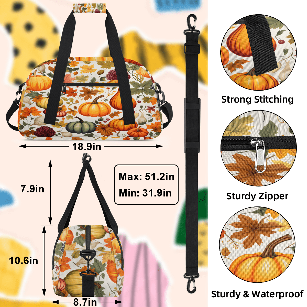 Herdesigns Fall Sports Duffle Bag for Women & Men, Thanksgiving Autumn Pumpkin Leaf Gym Bag Dance Bag Overnight Bag Carry On Weekender Travel Bag