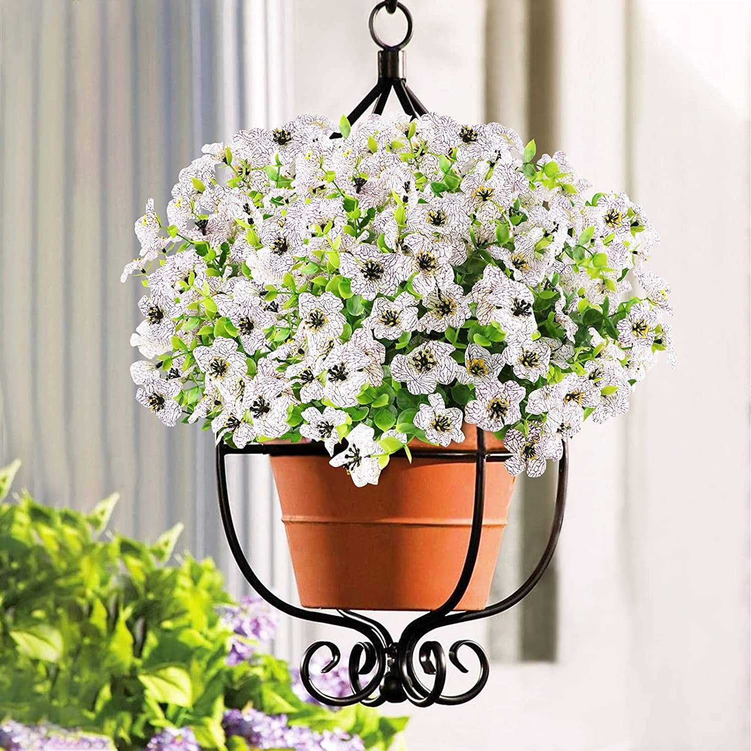 Sinhoon 18 Bundles Artificial Flowers UV Resistant Fake Plants Outdoor Faux Plastic Flowers Garden Window Box Porch Home Decor (White)