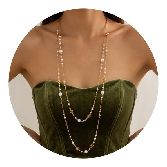 Long Simulated Pearl Necklaces for Women Dainty Layered Pearl Statement Strand Chain Fashion Trendy Jewelry Gift Sweater Accessories