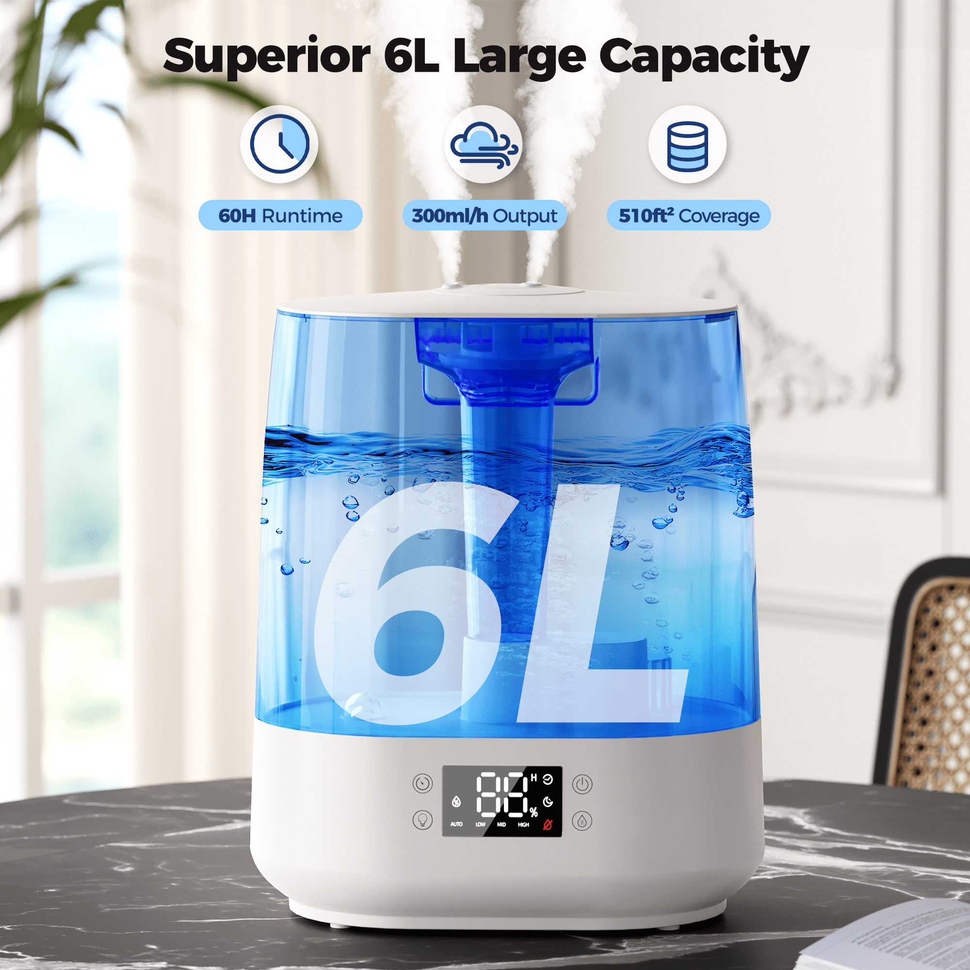6L Humidifiers for Bedroom , Cool Mist Ultrasonic Humidifier with Humidity Sensor, Top Fill 60H & 28dB Quiet Runtime, 8+1 Color Night Lights, 360° Dual Nozzle--Blue