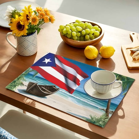 Beach Flag Placemats Set of 1, Vintage Ocean Beach Puerto Rico Flag Boat Coconut Trees Plant Non-Slip Place Mats Washable Table Mats for Kitchen Dining Table Decorations Indoor/Outdoor
