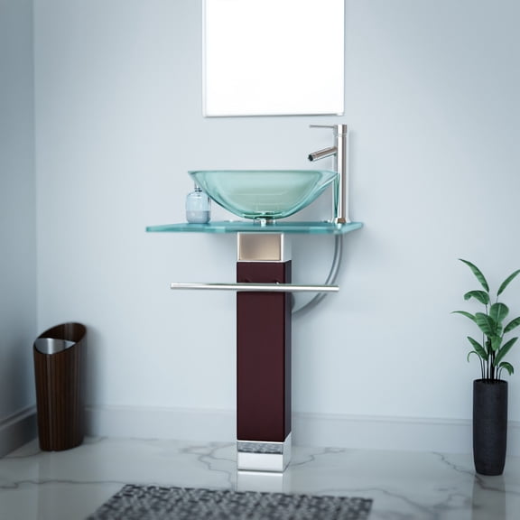 Bohemia Glass Pedestal Sink Combo Clear Countertop Bathroom Vanity Vessel Sink, Faucet, Drain, Towel Bar, Tempered Glass Counter and Wood Pedestal| Renovators Supply