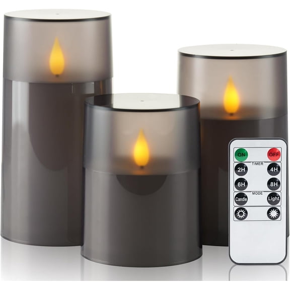 Homemory Flameless Candles Grey Acrylic Outdoor Waterproof Flickering Realistic Dancing Flame LED Battery Operated with Remote and Timers Set of 3