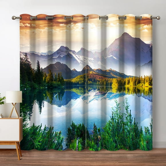Jekeno Mountain Forest Blackout Curtains Tree Lake in Sunny Sky Nature Scenery Decor for Bedroom Living Room Grommet Window Drapes 2 Panel Set, 52""x84""