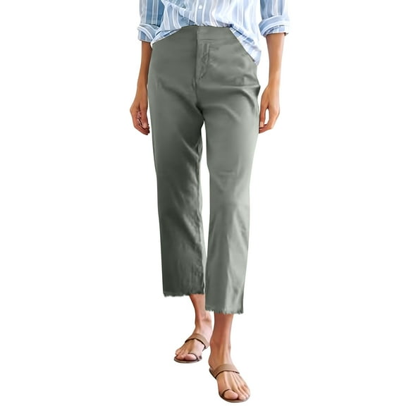 Roncen Women's High-Waisted Solid Capri Pants - Straight Leg Casual Trousers with Zip Fly & Button Closure for Comfortable Fit