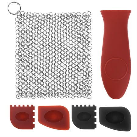 - Uarter 6 Pcs Cast Iron Cleaner Set Cast-iron Cleaning Kit Chainmail Stainless Steel Scrubber Plastic Pan Scraper Silicone Handle Holder