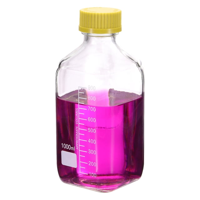 Uxcell 1000ml Glass Square Reagent Media Storage Bottles with Yellow Cap, Clear