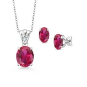 Gem Stone King 925 Sterling Silver Red Created Ruby and White Zirconia Pendant and Earrings Jewelry Set For Women (6.73 Cttw, Gemstone Birthstone, Oval 11X9MM and 8X6MM with 18 inch Silver Chain)