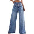thumbnail image 2 of JUSLIO Pants for Women,High Waist Split Hem Retro Button Washed Wide Leg Denim Jeans, 2 of 7