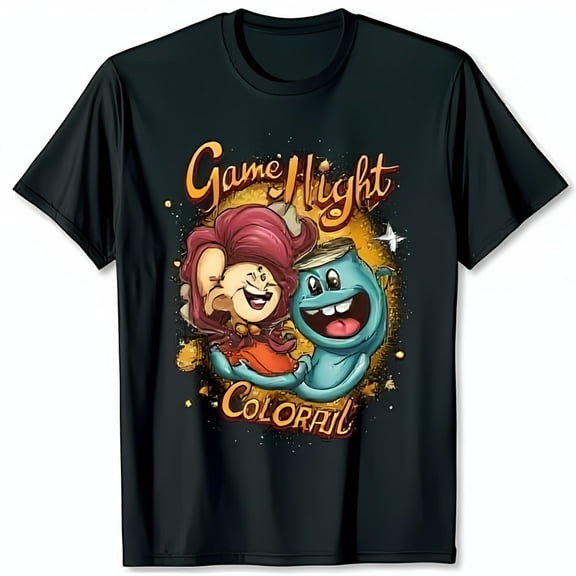 Colorful Cartoon Game Night Graphic Tee for Black Short Sleeve T-Shirt