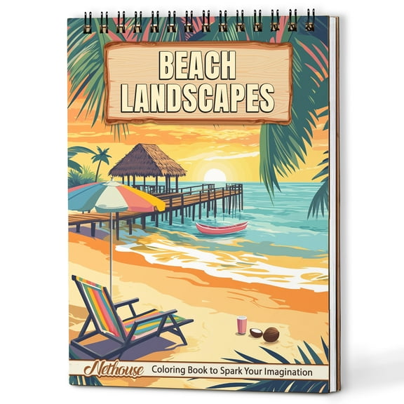 NETHOUSE Beach Landscapes Coloring Book Spiral Bound for Adults, A5 Wooden Cover, 30 Beautiful Beach Scenes Coloring Pages of Serene Coastal for Stress Relief and Relaxation