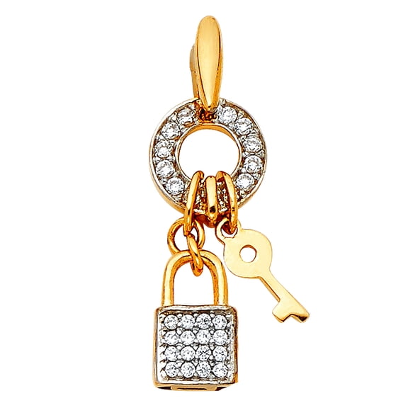 14k Yellow Gold Cubic Zirconia Key and Lock Pendant Necklace 8x20mm Pendant for Women - 1.5 Grams