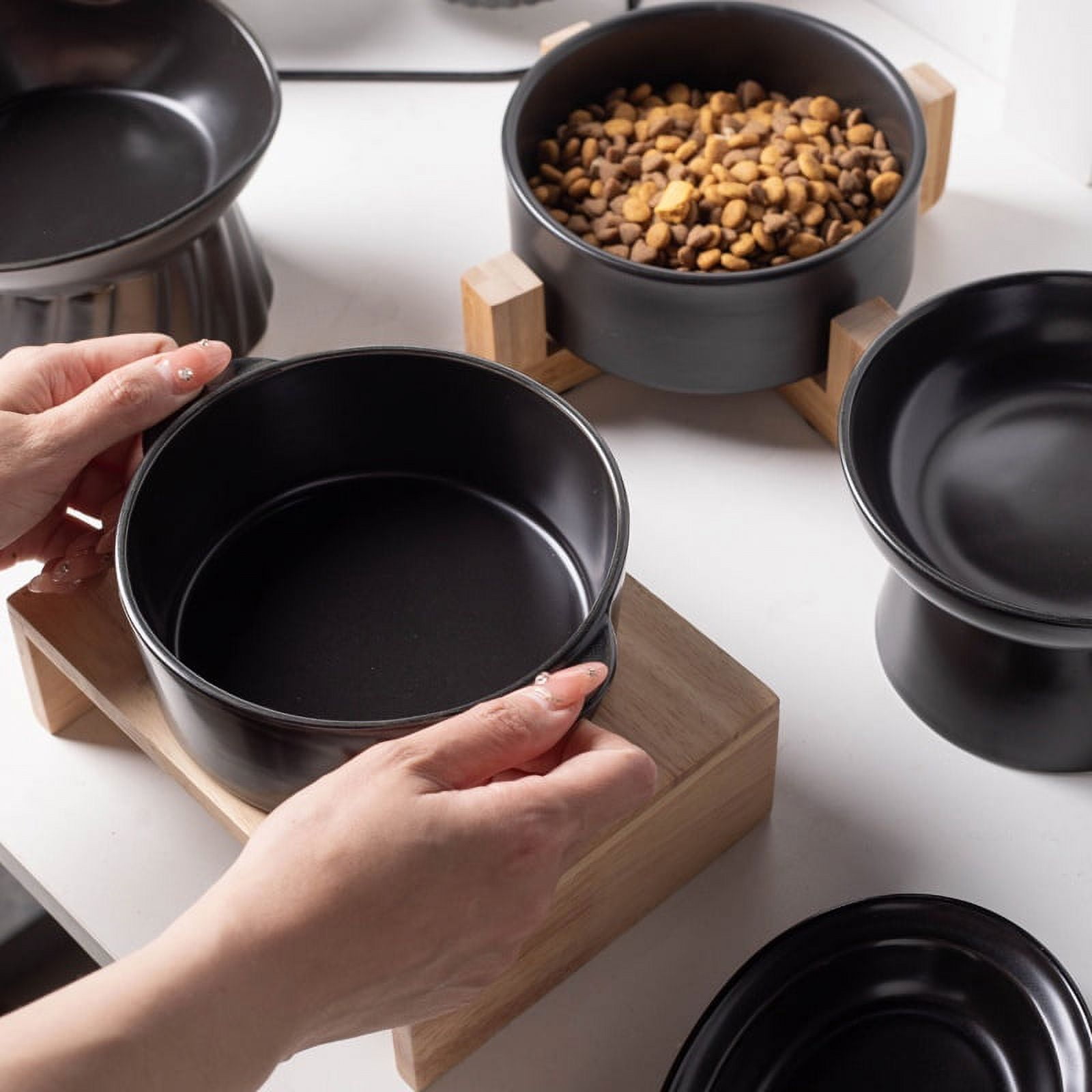 Cat Black Ceramic Bowl Pet Food Water Feeders Dogs Double Drinking Eating Feeding Bowls with Stand