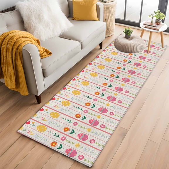 Spring Easter 2'x6' Runner Rugs for Hallway Kitchen Bedside Non Slip Washable, Pink Yellow Vintage Eggs Floral Botanical Entryway Rug Runners with Rubber Backing, Long Carpet Runner for Laundry Room
