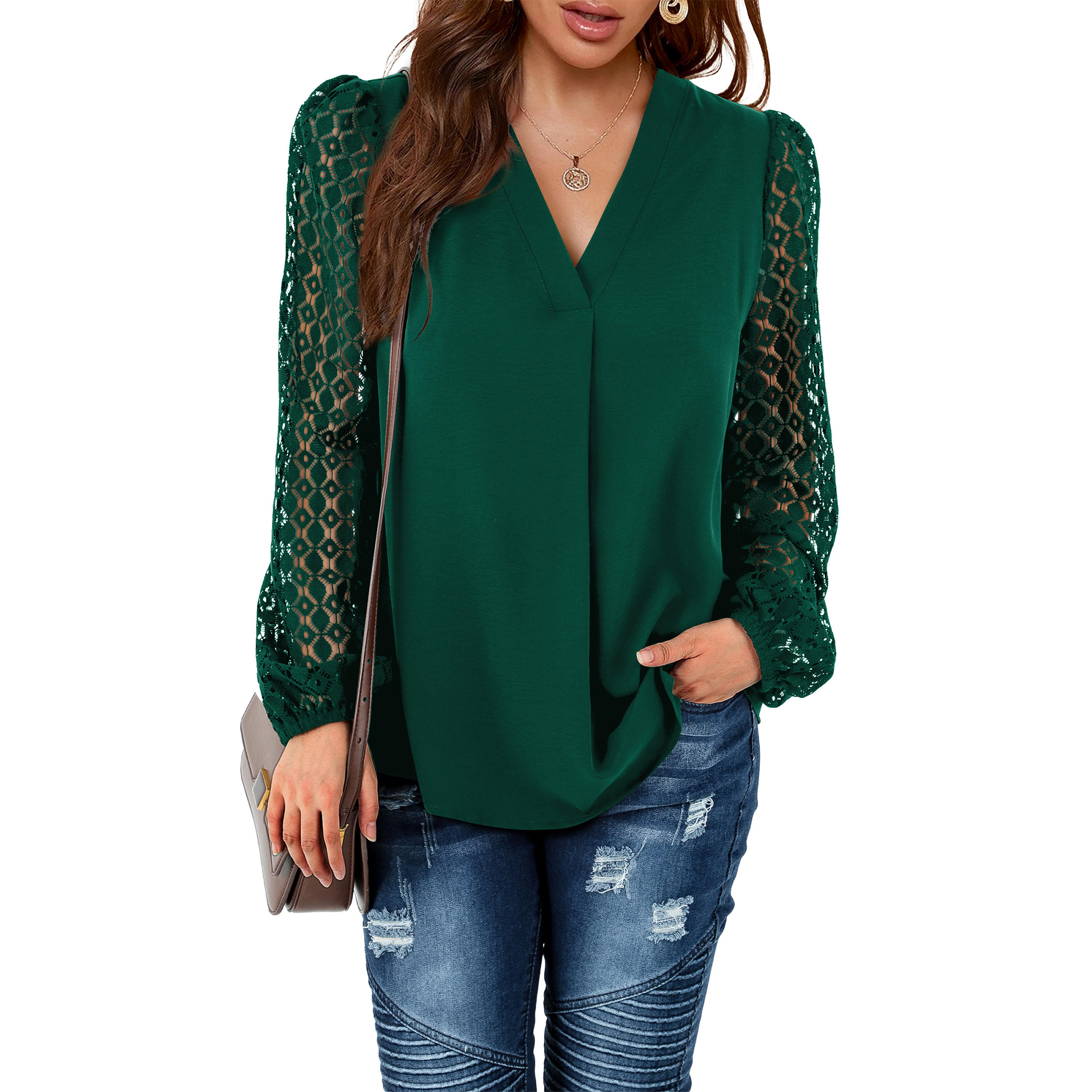 Amoretu Womens Shirts Casual V Neck Long Sleeve Blouses Plain Tops Green L - image 1 of 4