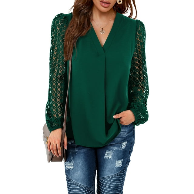 Amoretu Womens Shirts Casual V Neck Long Sleeve Blouses Plain Tops Green L