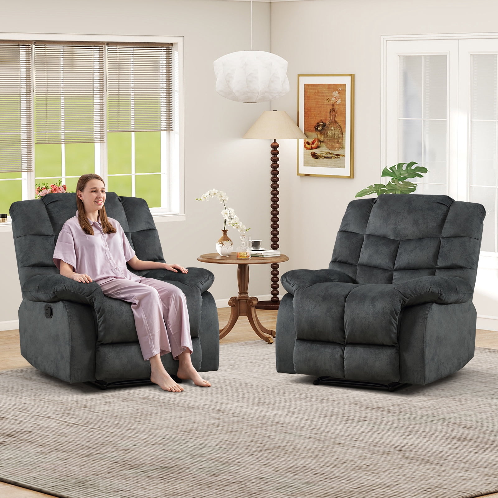 Bonzy Home Recliner Chairs Set of 2 for Living Room Manual Reclining Chair Single Sofa for Bedroom, Gray